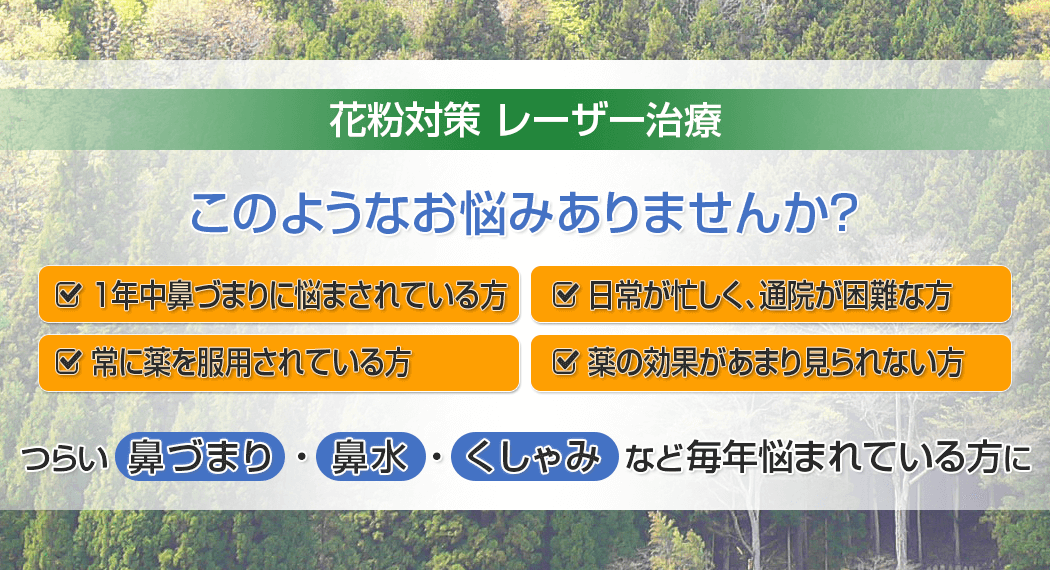 花粉対策 レーザー治療　つらい鼻づまり・鼻水・くしゃみになど毎年悩まされている方に
